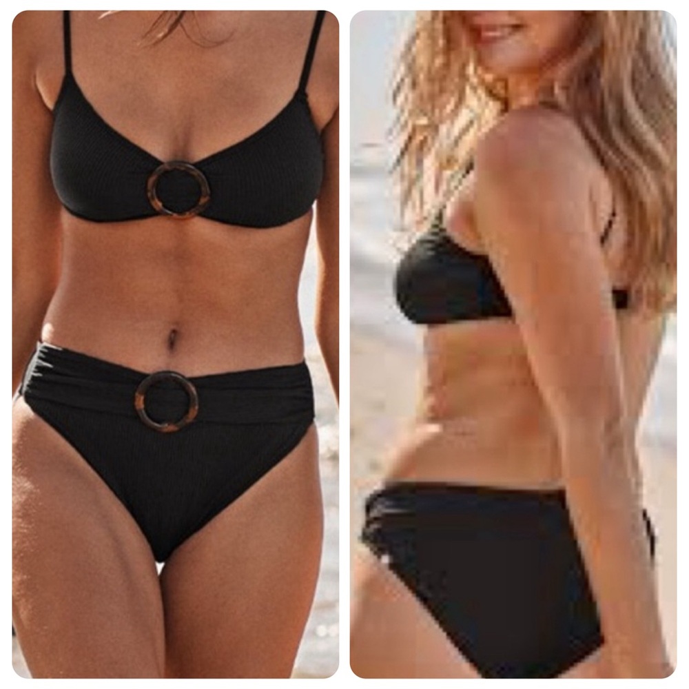 SUMMERSALT Wanderlust Ribbed Black Bikini Bottom with Tortoise Ring Detail - Sz8